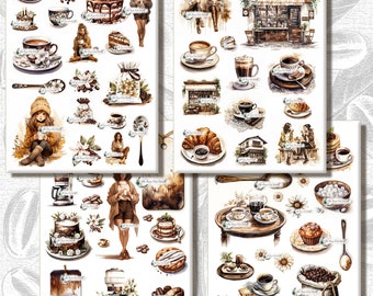 May include: A collection of watercolor illustrations featuring coffee, pastries, and cafe scenes. The illustrations are in a vintage style and feature a variety of colors, including brown, beige, and white. The illustrations are perfect for adding a touch of whimsy to any project.