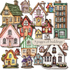5 páginas de edifícios com impressões digitais recortadas para diário, scrapbooking, colagens, telas, cartões artesanais e outros projetos de papel