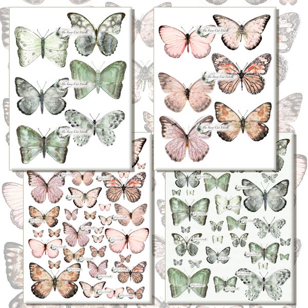 Set of digital fussy cut pink and green butterflies for cards, journal, mix media, canvas, collage and more