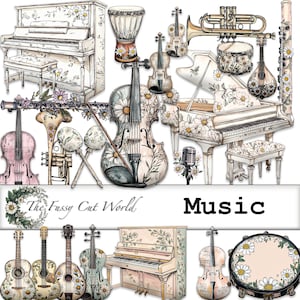 Op de afbeelding: Illustratie van diverse muziekinstrumenten, waaronder piano's, violen, gitaren en een trommel, allemaal versierd met bloemmotieven. Het woord "Muziek" wordt vetgedrukt weergegeven.