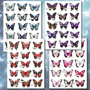 Impresiones digitales de mariposas azules, rojas y moradas con cortes recargados de cuento de hadas shabby chic para lienzo, tarjetas, diarios y muchos otros proyectos hechos a mano.
