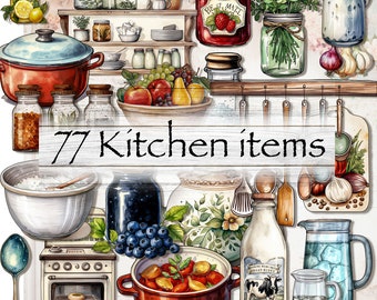 May include: A collection of 77 kitchen items, including jars, bowls, mugs, a pot, a pitcher, a stove, and a variety of other kitchenware. The items are arranged in a collage style, with some items overlapping others. The background is a white wooden surface.