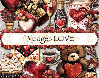 Può includere: Illustrazione ad acquerello a tema San Valentino. Presenta una scatola di cioccolatini a forma di cuore, champagne, un orsacchiotto con un cuore, un cupcake e il testo "3 pages LOVE". Accenti rossi e neri.