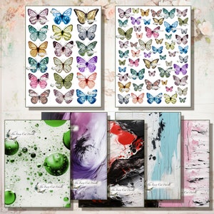 Conjunto de borboletas multicoloridas e fundos para cartões, diário, mídia mista, tela, scrapbooking e muito mais
