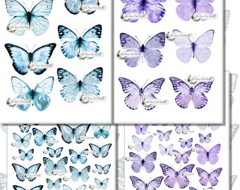 Set of digital fussy cut blue and purple butterflies for handmade projects-cards, canvas, mix media, journal, collage, scrapbooking and more