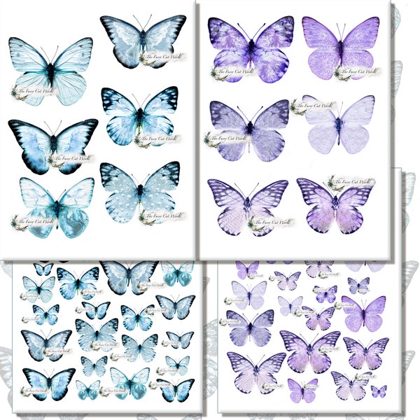 Set of digital fussy cut blue and purple butterflies for handmade projects-cards, canvas, mix media, journal, collage, scrapbooking and more