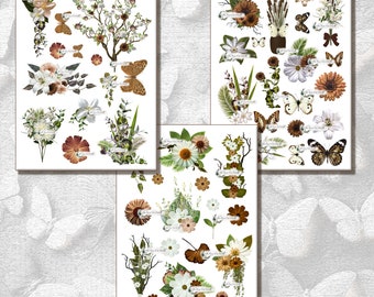 Bruine en witte digitale bloemen voor handgemaakte projecten, kaarten, canvas, mix media, dagboeken, scrapbooking, collage en meer.