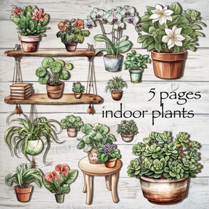 5 pagina's met kieskeurige digitale prints voor kamerplanten voor journaling, scrapbooking, collages, canvas, handgemaakte kaarten en andere papieren projecten