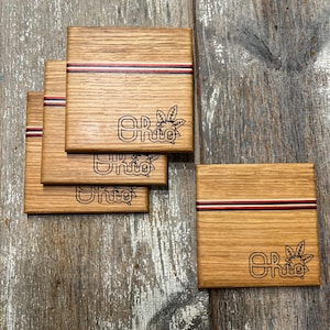 Ohio State Coasters | Buckeye Hardwood Drink Coaster Set with Script Ohio & O-H I-O