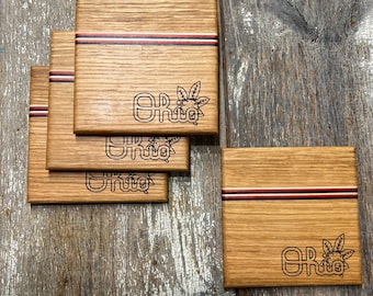 Ohio State Coasters | Buckeye Hardwood Drink Coaster Set with Script Ohio & O-H I-O