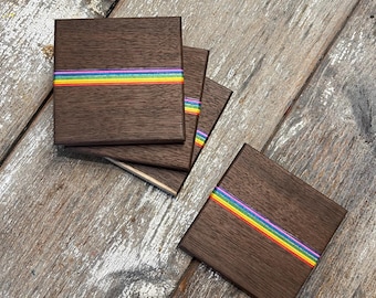 Hardwood Coasters – Rainbow Inlay | Colorful Wood Drink Coasters | Handmade Set of 4