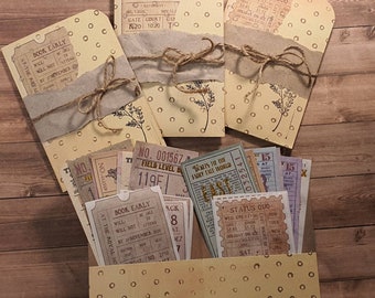 Vintage Retro tickets pocket / 12 different vintage tickets / gold foil /  ephemera vintage tickets / bullet journal tickets