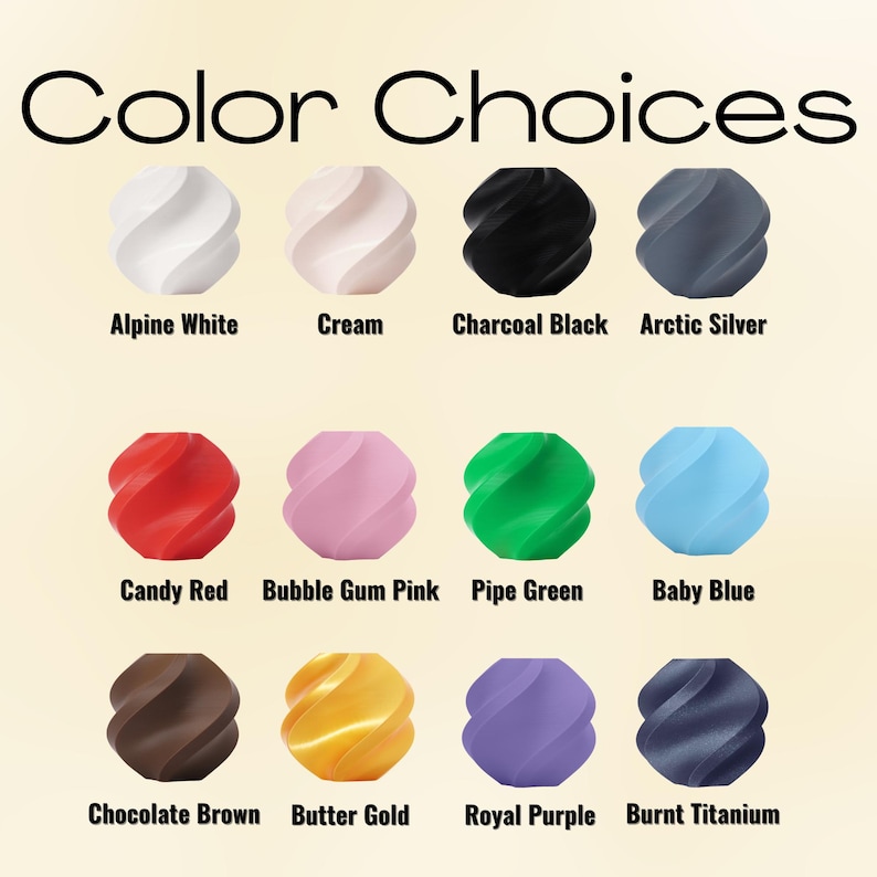 K&ouml;nnte beinhalten: Eine Farbtafel mit dem Titel Color Choices zeigt zw&ouml;lf gedrehte, kugelf&ouml;rmige Objekte in verschiedenen Farbt&ouml;nen: Alpine White, Cream, Charcoal Black, Arctic Silver, Candy Red, Bubble Gum Pink, Pipe Green, Baby Blue, Chocolate Brown, Butter Gold, Royal Purple und Burnt Titanium.