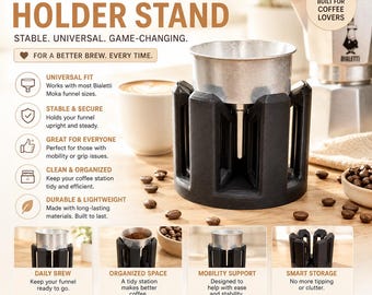 Porte-entonnoir universel Bialetti et générique pour moka. Tamper gratuit inclus.