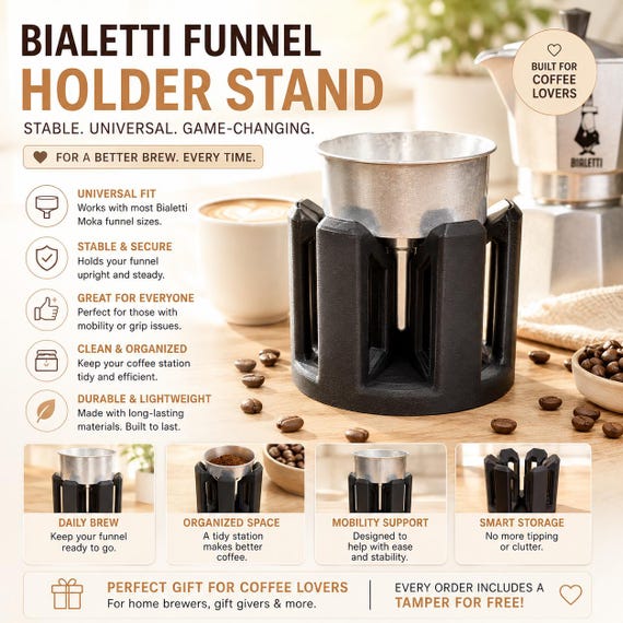 Universal Bialetti and Generic Mocha Funnel Holder. Free Tamper Included.
