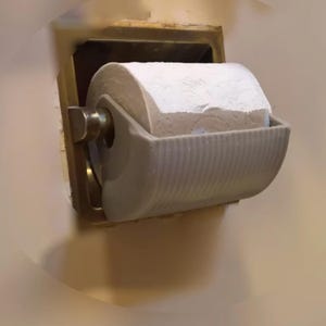 May include: A roll of white toilet paper sits in a gray, ribbed holder. The holder is mounted on a wall with a brass-colored frame. The paper is partially used, with a torn edge visible.
