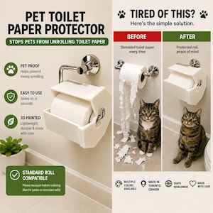 May include: A white plastic pet toilet paper protector designed to prevent pets from unrolling toilet paper. The device features a shield that covers the roll, shown mounted on a wall-mounted holder, with text explaining its use and benefits.