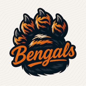 Puede incluir: Ilustración estilizada de una pata de tigre en negro, naranja y blanco. La palabra "Bengals" está escrita en naranja debajo. El diseño tiene una estética deportiva y orientada al equipo.