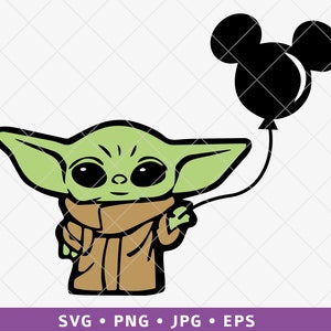 Op de afbeelding: Een groen en bruin cartoonfiguur met grote oren dat een zwarte ballon in de vorm van Mickey Mouse's hoofd vasthoudt.