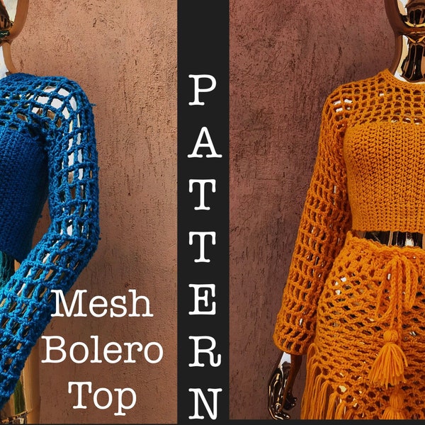 Mesh bolero top pdf pattern. long sleeved crochet croptop