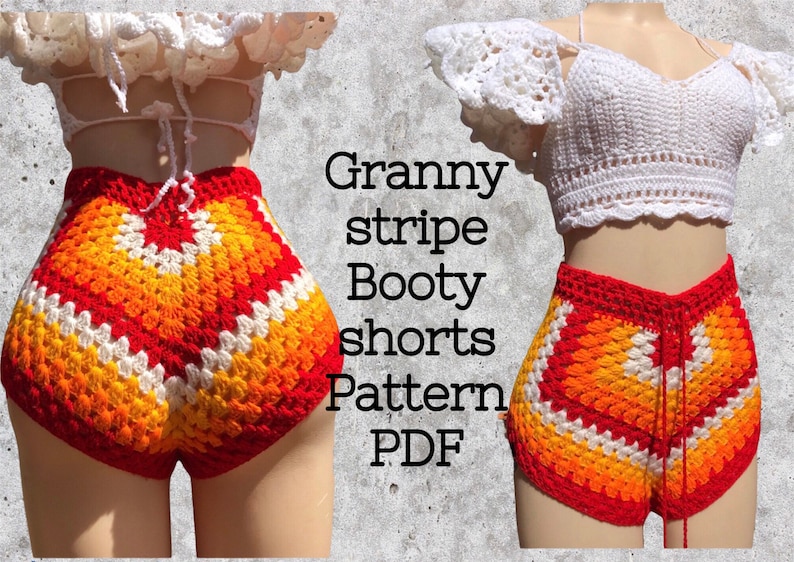 granny stripe crochet booty shorts pdf pattern. all sizes included zdjęcie 1