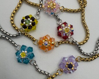 Hand-sewed Genuine Austriac Crystal 6 Petal Flower Bracelet