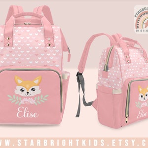 Coral Pink Fox Baby Girl Monogram Customized Diaper Bag Backpack Nappy Bag Mummy Bag Personalized