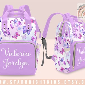 Purple and Pink Butterflies Pattern Customized Diaper Bag Backpack Personalized Baby