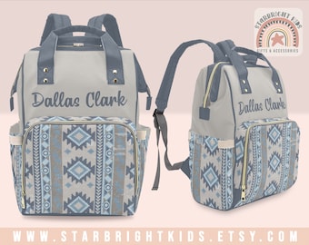 Blue and Gray Boho Tribal Pattern Boys Personalized Diaper Bag Backpack Dog Diaper Bag Etsy