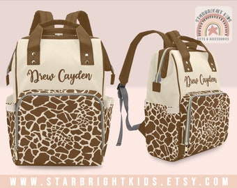 Tan and Brown Neutral Giraffe Print Customized Diaper Bag Backpack Personalized Baby