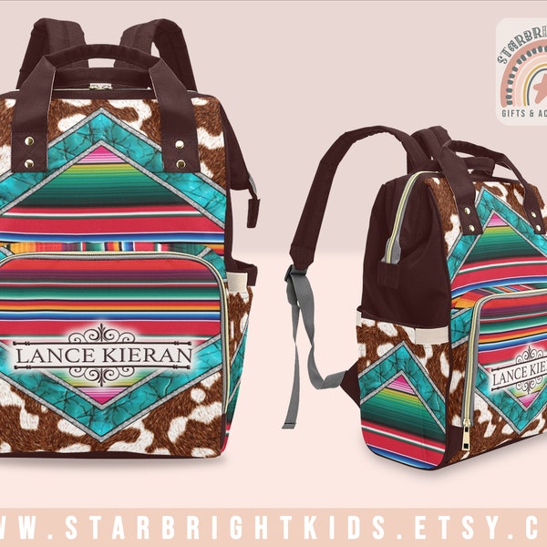 Brown Cow Skin, Serape Stripes and Turquoise Print Personalized Diaper Bag Backpack Nappy Bag Mummy Bag Customized Baby