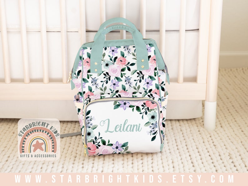 Pastel Coral Green Pink Blue Purple Floral Watercolor Flowers Diaper Bag Backpack Nappy Bag Mummy Bag Customized Baby Mint