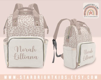 Tan Neutral Leopard Print Customized Diaper Bag Backpack Nappy Bag Mummy Bag Personalized Baby