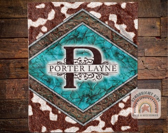 Turquoise Brown Cow Skin Print Personalized Custom Name Blanket Baby Shower Kids Christmas Gift