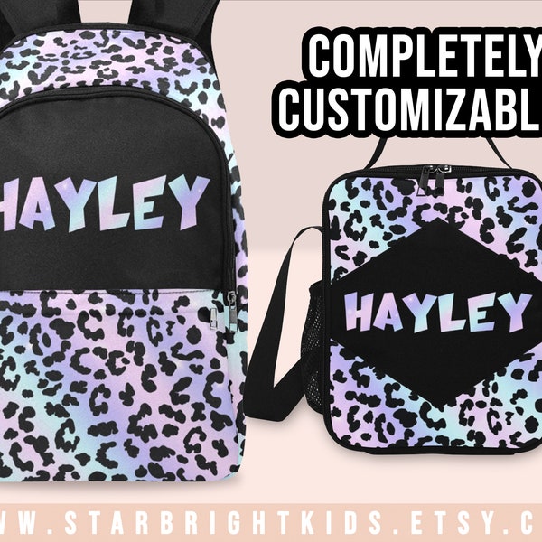 Pastel Purple Pink Aqua Blue and Black Leopard Print Backpack Lunch Box Set Book Bag School Bag Custom Name, Colors, & Font