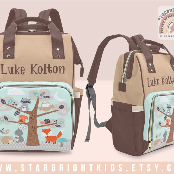 Brown, Mint Green and Gray Woodland Forest Animals Boy Personalized Diaper Bag Backpack Customized Baby