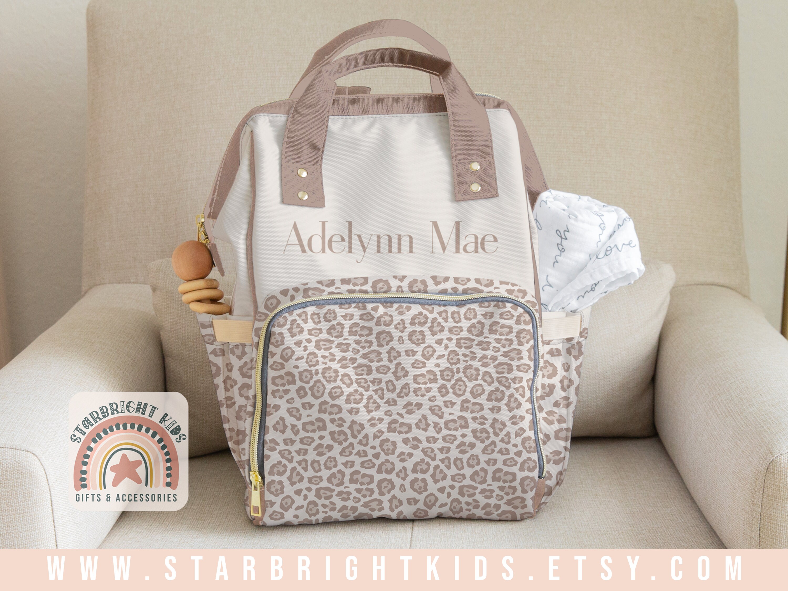 Tan Neutral Leopard Print Customized Diaper Bag Backpack Nappy Etsy