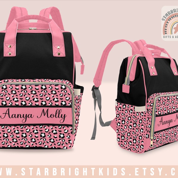 Pink Leopard Print Pattern Personalized Diaper Bag Backpack Nappy Bag Mummy Bag Customized Baby