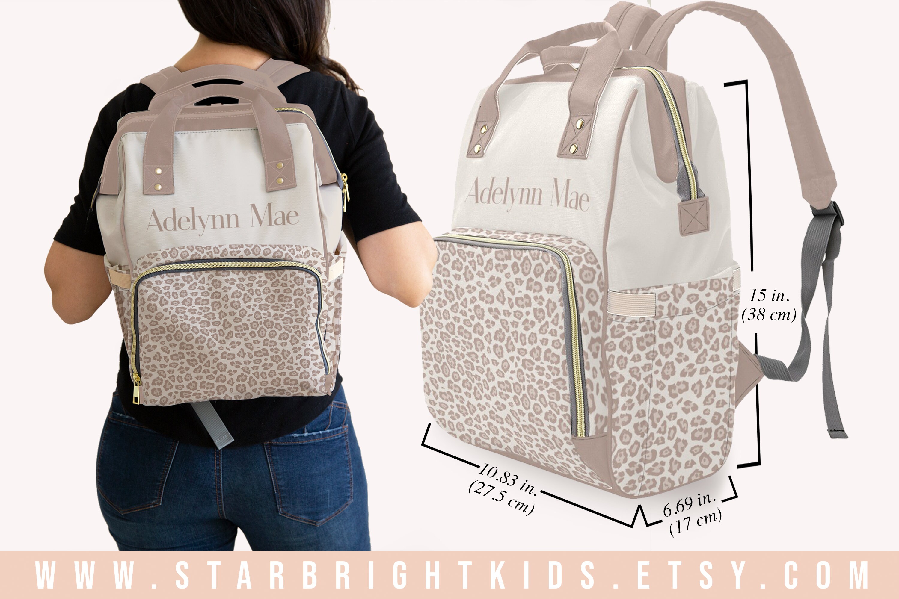 Tan Neutral Leopard Print Customized Diaper Bag Backpack Nappy Etsy