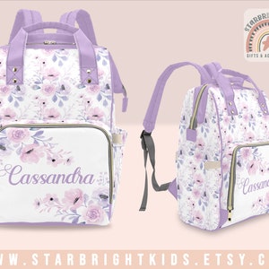 Pastel Pink or Purple Floral Watercolor Flowers Diaper Bag Backpack Nappy Bag Mummy Bag Customized Baby