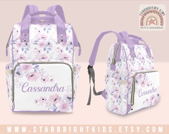 Pastel Pink or Purple Floral Watercolor Flowers Diaper Bag Backpack Nappy Bag Mummy Bag Customized Baby