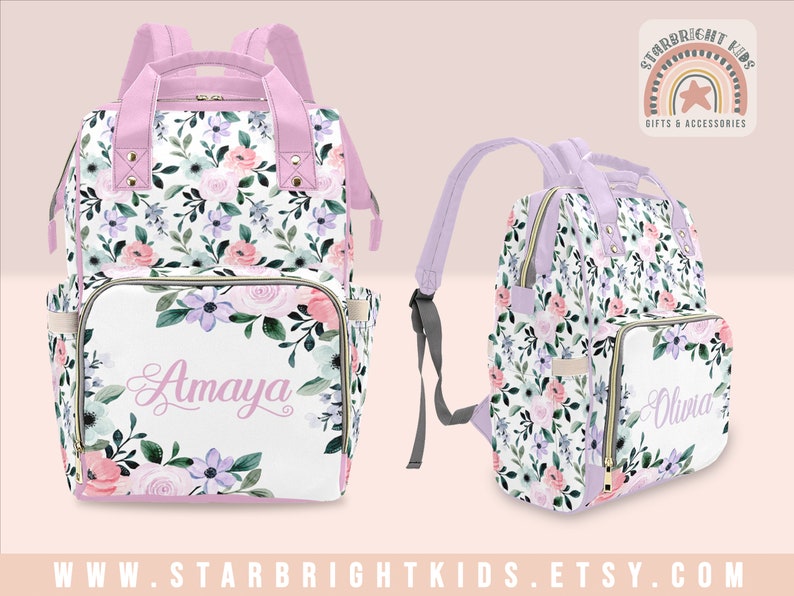 Pastel Coral Green Pink Blue Purple Floral Watercolor Flowers Diaper Bag Backpack Nappy Bag Mummy Bag Customized Baby image 1