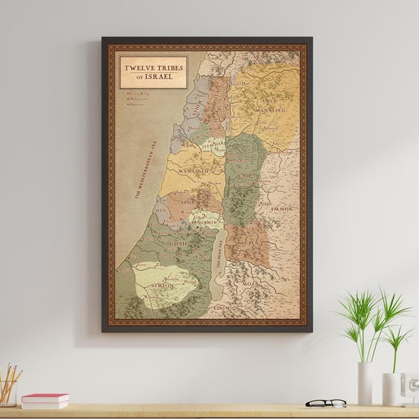 Bibelkarte von Israel 12 Stämme Israels, Zwölf Stämme Israels, große Karte des Heiligen Landes, Biblische Karte 12 Stämme Israels, Standardkarte