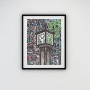 May include: Watercolor painting of a street clock with a building in the background. The clock has a dark brown frame and a white clock face. The building is made of red brick with green-framed windows. The artwork is framed in a black frame.