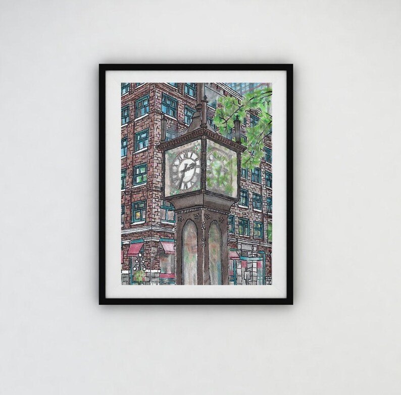 May include: Watercolor painting of a street clock with a building in the background. The clock has a dark brown frame and a white clock face. The building is made of red brick with green-framed windows. The artwork is framed in a black frame.