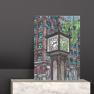 May include: Watercolor painting of a city scene featuring a tall clock tower and a brick building with blue-framed windows. The clock shows the time. Green foliage and red awnings add color to the urban landscape.