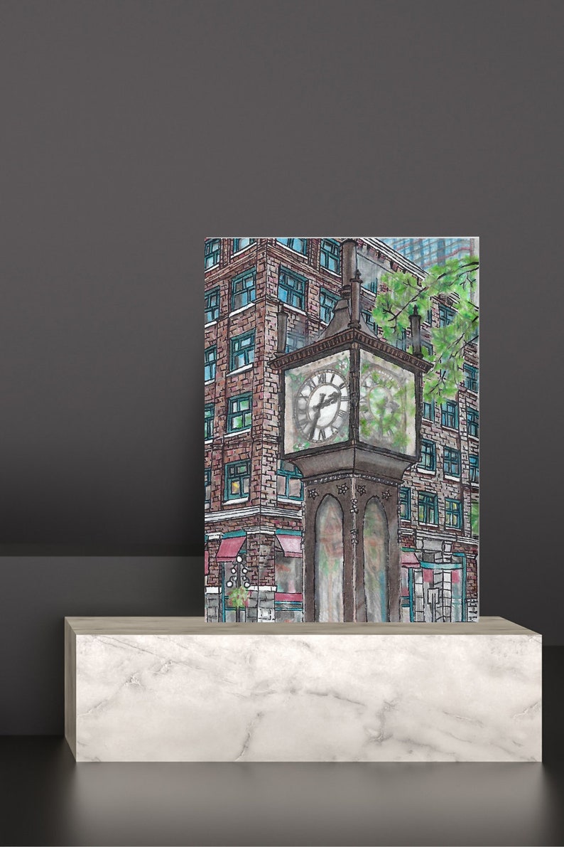 May include: Watercolor painting of a city scene featuring a tall clock tower and a brick building with blue-framed windows. The clock shows the time. Green foliage and red awnings add color to the urban landscape.