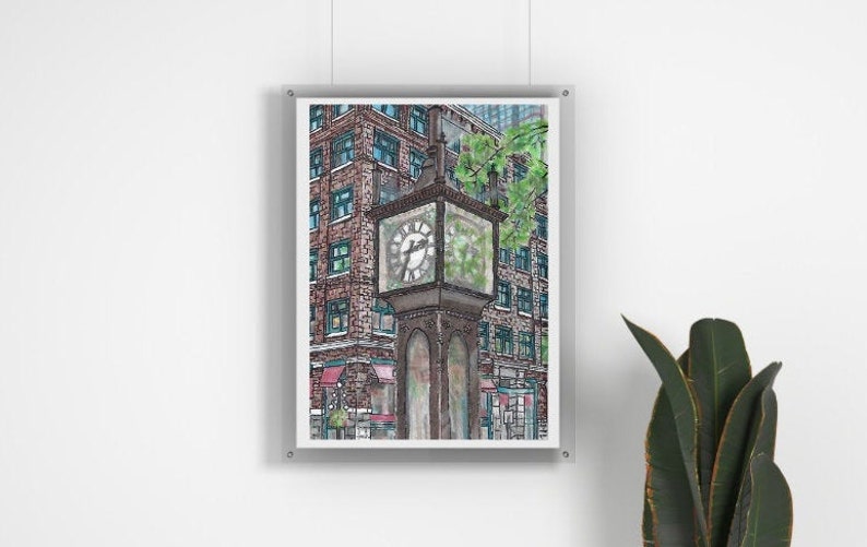 May include: Watercolor painting of a street clock tower with a building in the background. The clock tower is dark brown with a square clock face. The building is brick with green-framed windows. The artwork is framed and hanging on a white wall.