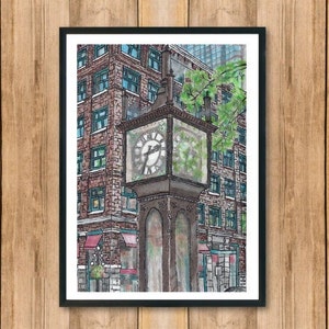May include: Watercolor painting of a city clock tower with a building in the background. The clock tower is dark brown with a clock face and green foliage. The building is brick with green window frames. The artwork is framed in a black frame.
