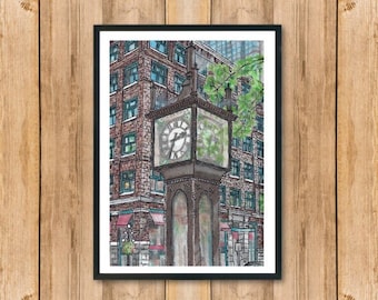 ガスタウン蒸気時計（バンクーバー）デジタルダウンロード｜オフィスアート｜色鉛筆画